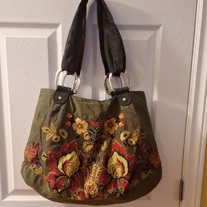 Embroidered Floral Hobo Bag in Olive and Red With Zipper Closure